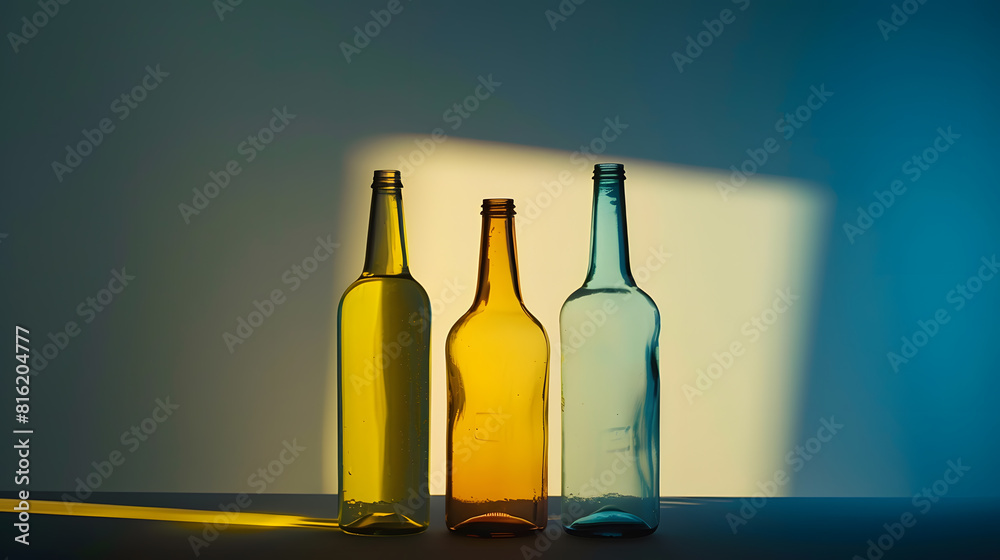 Poster three empty bottles on a table : Generative AI