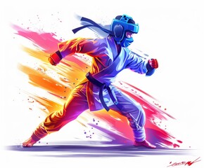 Spectacular fighter in striking position, concept: martial arts, taekwondo or karate training, sports competition in combat