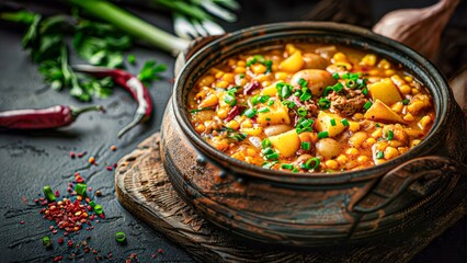Chickpea stew with potatoes and meat in rustic bowl