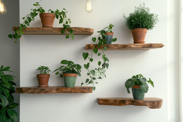 plant in a pot on the wall, Interior design details showcase brown wooden raw edge floating shelves suspended on a white wall