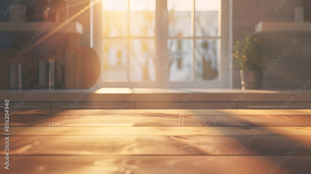 Poster empty wooden desk on blurred kitchen window for product presentation : generative ai