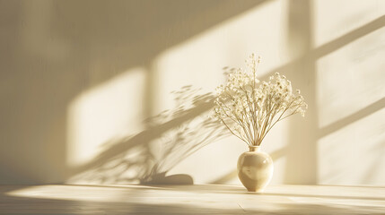 Flowers in vase shade silhouette on a neutral beige textured wall and floor background aesthetic sun light shadow empty template for home room interior product mockup with copy space : Generative AI