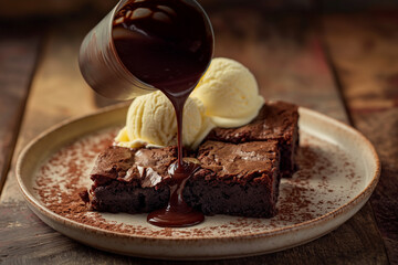 chocolate cake with nuts and chocolate, Pouring sauce onto fresh brownies served with ice cream on a plate, with space for text. Indulge your sweet tooth with this mouthwatering scene of warm