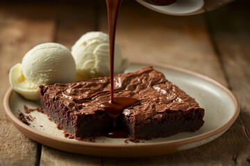 ice cream with sauce, Pouring sauce onto fresh brownies served with ice cream on a plate, with space for text. Indulge your sweet tooth with this mouthwatering scene of warm