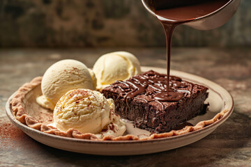 chocolate ice cream with chocolate, Pouring sauce onto fresh brownies served with ice cream on a plate, with space for text. Indulge your sweet tooth with this mouthwatering scene of warm