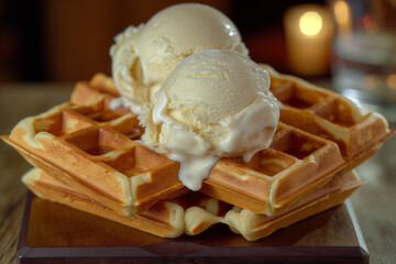 ice cream cone, Restaurant dessert with waffles and ice cream. Indulge in a decadent treat with this exquisite restaurant dessert featuring warm, golden-brown waffles topped with generous scoops of cr