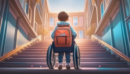Boy in a wheelchair in front of the stairs 