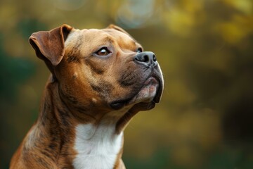 Obraz premium Contemplative brown dog poses with a vivid autumnal blur in the background