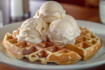vanilla cream with chocolate, Restaurant dessert with waffles and ice cream. Indulge in a decadent treat with this exquisite restaurant dessert featuring warm, golden-brown waffles topped with generou