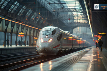 Fototapeta premium High speed train on platform at modern railway station. Urban public transport