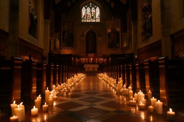 Warm candlelight illuminates a peaceful church aisle, highlighting its stained glass window