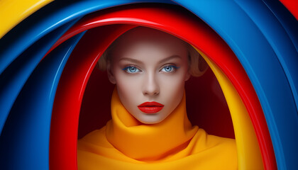 Retrato abstracto de moda de una mujer con un colorido traje de látex y labios rojos. 
Rodeado de...