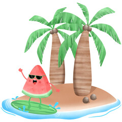 Summer beach with coconut palm trees and watermelon on surfboard