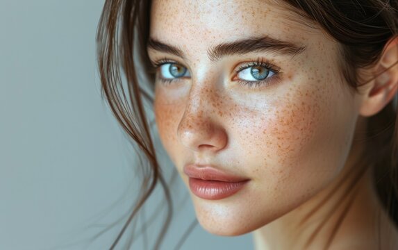 A woman with freckles on her face stands in a neutral expression