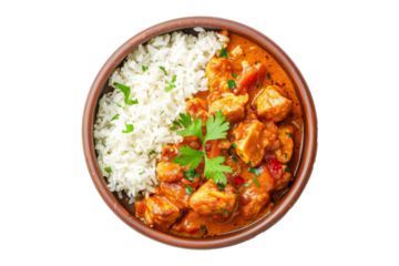 Tikka masala curry chicken served over rice in bowl isolated on white background. Traditional Indian food