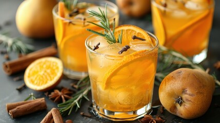   A close-up of a drink in a glass with an orange slice on the edge and spices surrounding it
