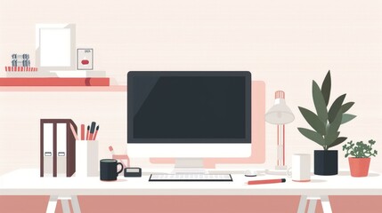 Workplace room, modern Interior, cabinet. Office with computer. Colorful vector illustration in flat cartoon style.