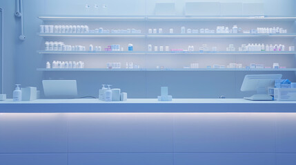 Four empty without visitors clients staff cash point desks at pharmacy drugstore chemists store with white shelves full of medicines jars with pills remedy : Generative AI