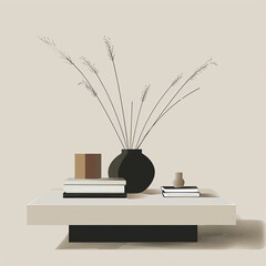Illustration of coffee table with vase and books.