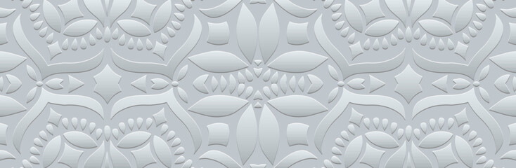 Banner, tribal cover design. Relief geometric vintage 3D pattern on a silver background. Ornaments, arabesques, handmade. Ethnic culture of the East, Asia, India, Mexico, Aztec, Peru.