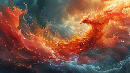 abstract fluid illustration of big red Phoenix bird among flames and clouds