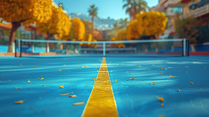 ground level photo of a tennis court outdoors, palms, summer time