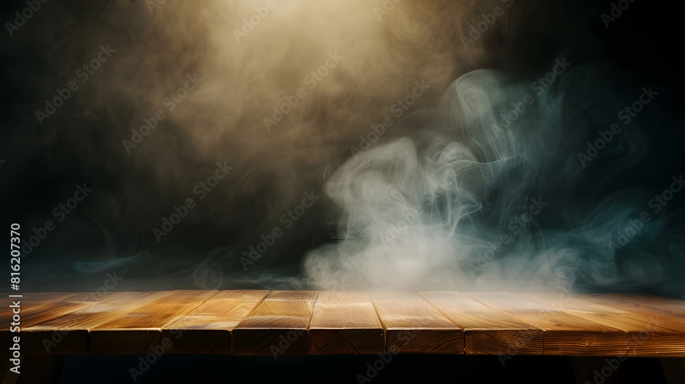Poster empty wooden table with smoke float up on dark background : Generative AI