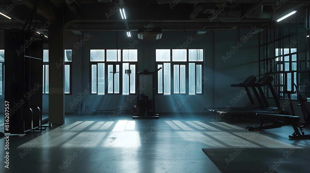 Poster Gym interior and empty space or dark room with window and light flare for exercise training and fitness workout No people sports club and floor layout of exercising venue facility and  : Generative AI