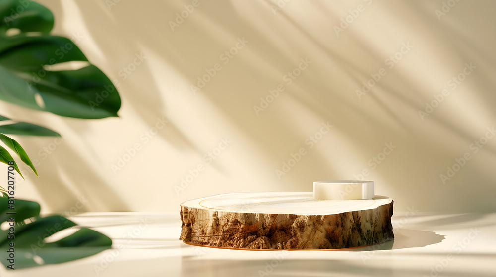 Poster minimal modern product display on neutral beige background wood slice podium and green leaves concep