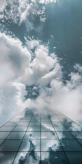 Arranhacéu de vidro moderno refletindo nuvens