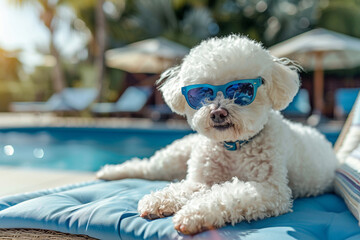Cute white Bichon Frize dog wearing blue glasses. Dog lying on a sun bed near the pool with blue water.