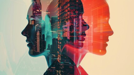 Double exposure merging silhouettes of people with a vibrant cityscape creating an artistic effect