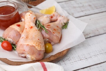 Marinade, raw chicken drumsticks, rosemary and tomatoes on white wooden table. Space for text