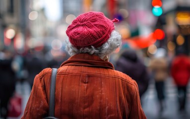 Fototapeta premium Elderly woman with red hat walking on a crowded urban street