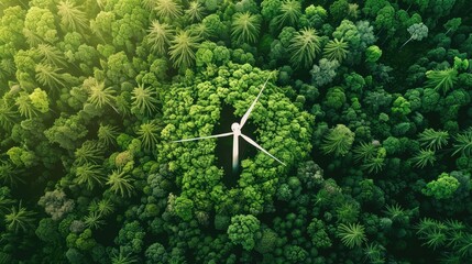 An electric power icon from a wind farm set against a lush green forest backdrop embodying technology energy in harmony with nature symbolizes the intersection of agriculture agritech and s