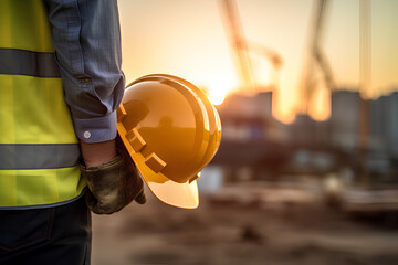 closeup Engineer holding helmet at road construction site For the development of modern transportation systems, engineering workers hold safety helmets.