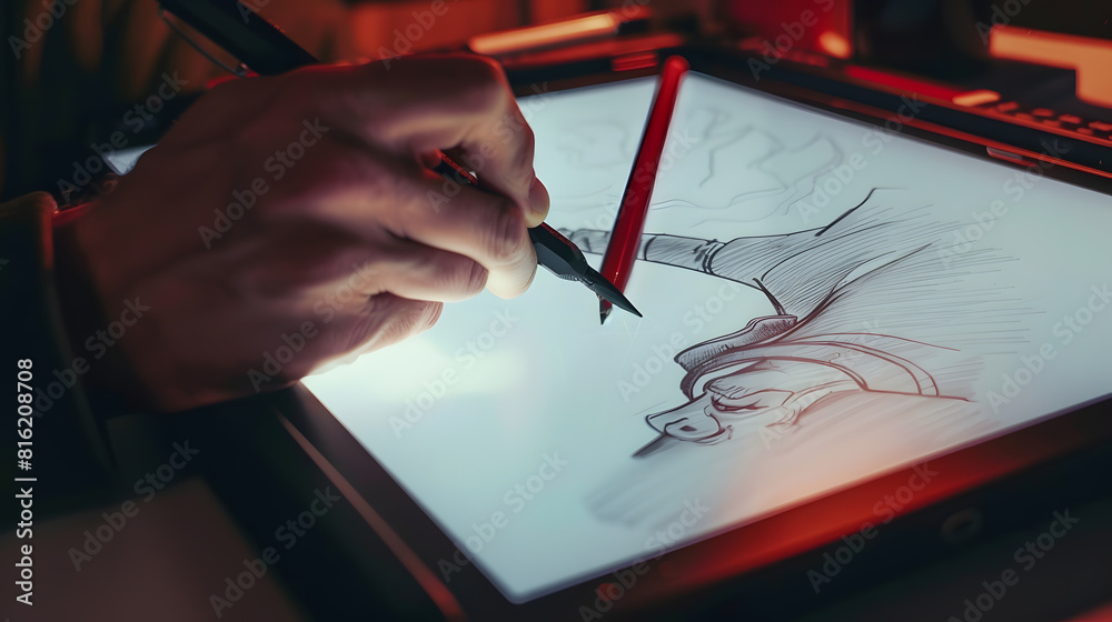 Poster graphic tablet of drawing on blank sheet with traditional drawing elements : generative ai