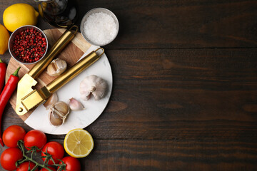 Different fresh ingredients for marinade and garlic press on wooden table, flat lay. Space for text