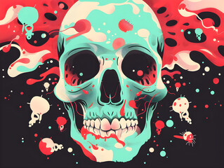 Surrealistic Green Skull Digital Artwork with Abstract Shapes and Vivid Colors - Eerie and Otherworldly Fluid Design with Red, White, and Turquoise Splashes - Dark Background Enhances Vibrant Visual