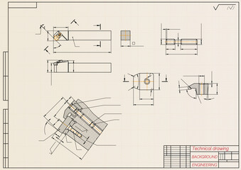 Mechanical engineering drawings on light background. Cutter, assembly tool with replaceable multi-faceted plate. Technical Design. Cover. Blueprint. Vector illustration.