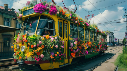 Obraz premium Flower-adorned tram in urban setting