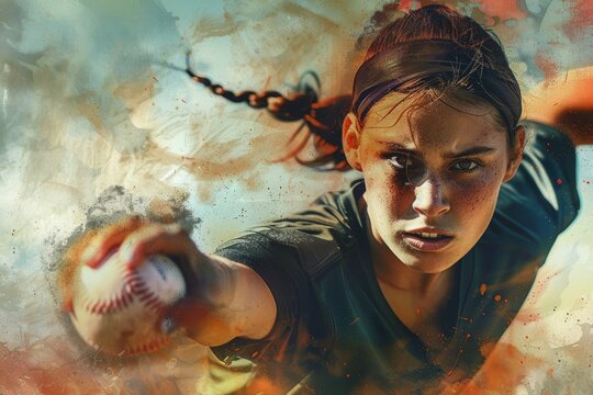 Female Pitcher Demonstrating Skill in Action at a Baseball Game