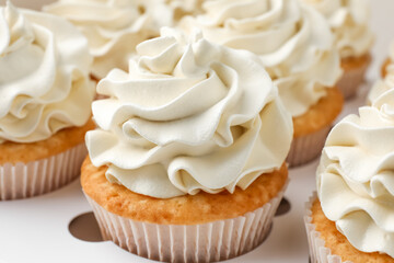 Tasty cupcakes with vanilla cream in box, closeup