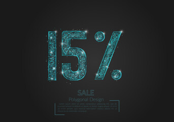 Abstract isolated blue 15 percent sale concept. Polygonal illustration looks like stars in the blask night sky in spase or flying glass shards. Digital design for website, web, internet.