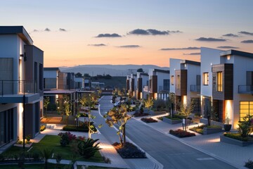 Eco-Friendly Residential Area at Dusk Featuring Sustainable Energy and Quiet Electric Vehicles