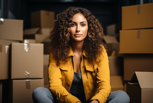 Concepto de mudanza y traslado de domicilio. Empresa de mudanzas.
Mujer sentada en el suelo rodeada de cajas de mudanza, sonriendo y mirando a c&aacute;mara.