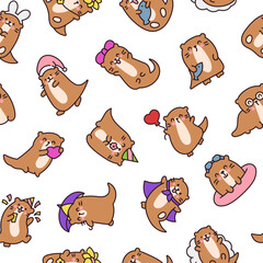 Cute cartoon kawaii otter. Seamless pattern. Animal funny characters. Hand drawn style. Vector drawing. Design ornaments.