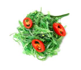 Tasty seaweed salad isolated on white, top view