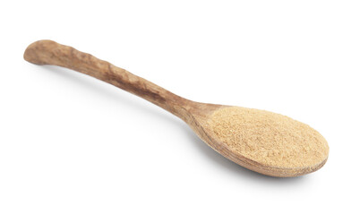 Dietary fiber. Psyllium husk powder in spoon isolated on white