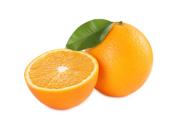 Whole and cut ripe oranges isolated on white